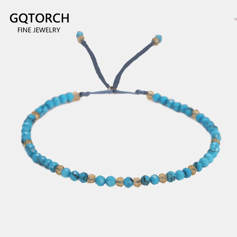 Natural Turquoise Beads Bracelet For Women Adjustable Length 3mm Small Beads