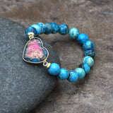 Turquoise Heart Bracelet 10mm Beaded Stretch Yoga Jewelry
