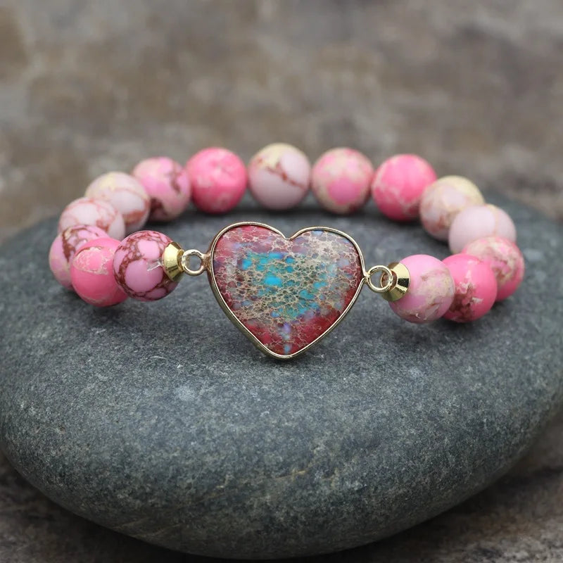 Turquoise Heart Bracelet 10mm Beaded Stretch Yoga Jewelry