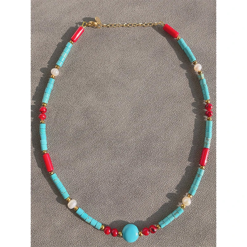 18K Plated Turquoise Necklace Waterproof Stainless Steel Jewelry