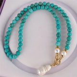 Turquoise Pearl Gemstone Knot Necklace 18KGP Button Aquaculture