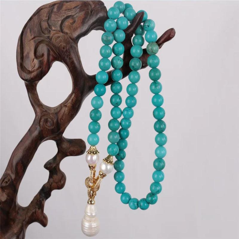 Turquoise Pearl Gemstone Knot Necklace 18KGP Button Aquaculture