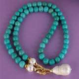 Turquoise Pearl Gemstone Knot Necklace 18KGP Button Aquaculture