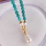 Turquoise Pearl Gemstone Knot Necklace 18KGP Button Aquaculture