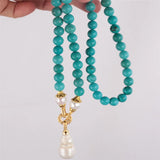 Turquoise Pearl Gemstone Knot Necklace 18KGP Button Aquaculture