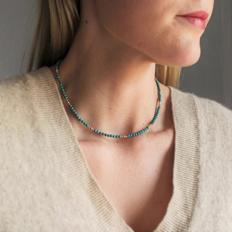 Turquoise Bead Choker Necklace Bracelet Set for Women