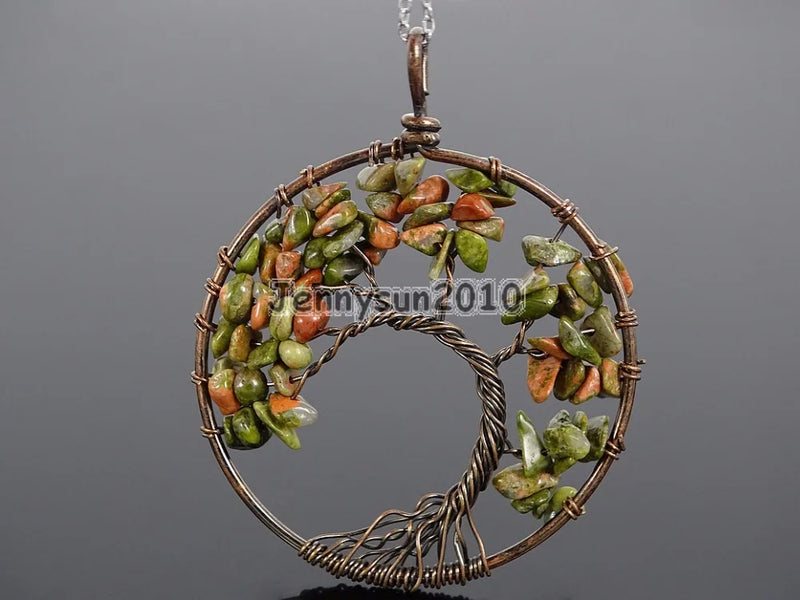 Unakite Reiki Chakra Chip Beads Tree of Life Pendant Necklace