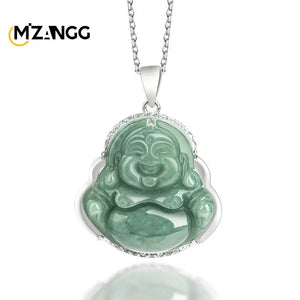 Vintage Maitreya Buddha Pendant S925 Silver Green Jadeite Lucky Necklace