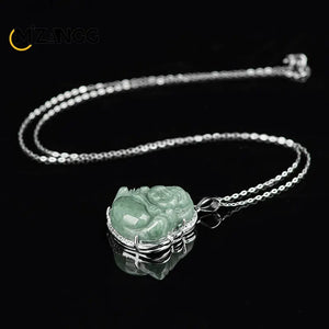 Vintage Maitreya Buddha Pendant S925 Silver Green Jadeite Lucky Necklace