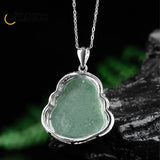 Vintage Maitreya Buddha Pendant S925 Silver Green Jadeite Lucky Necklace