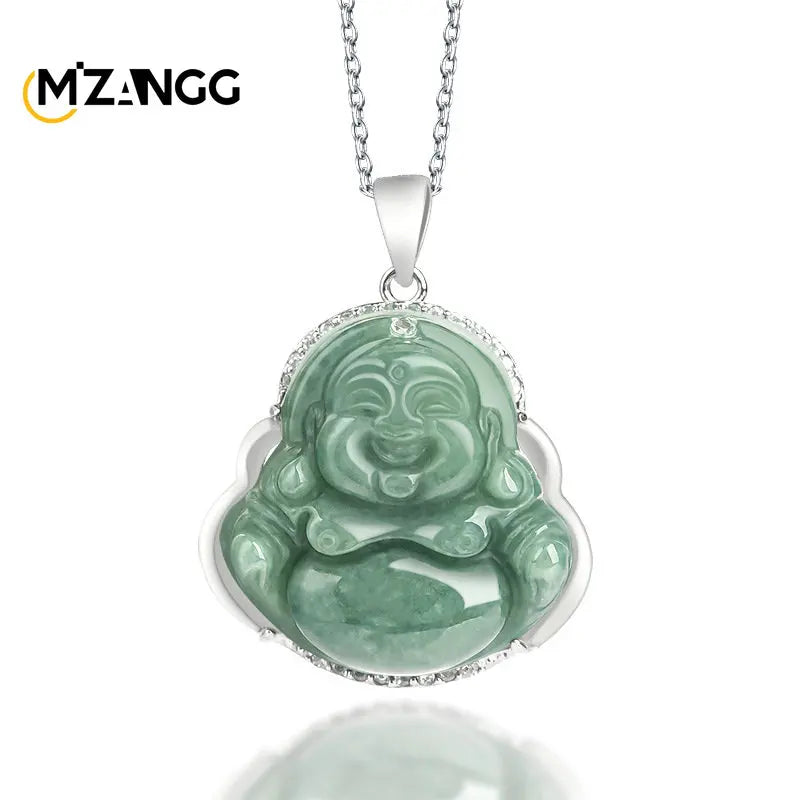 Vintage Maitreya Buddha Pendant S925 Silver Green Jadeite Lucky Necklace
