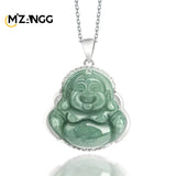Vintage Maitreya Buddha Pendant S925 Silver Green Jadeite Lucky Necklace
