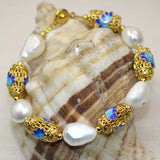 12-14mm Pearl Cloisonne Beads Bracelet for Women Jewelry 7.5inch
