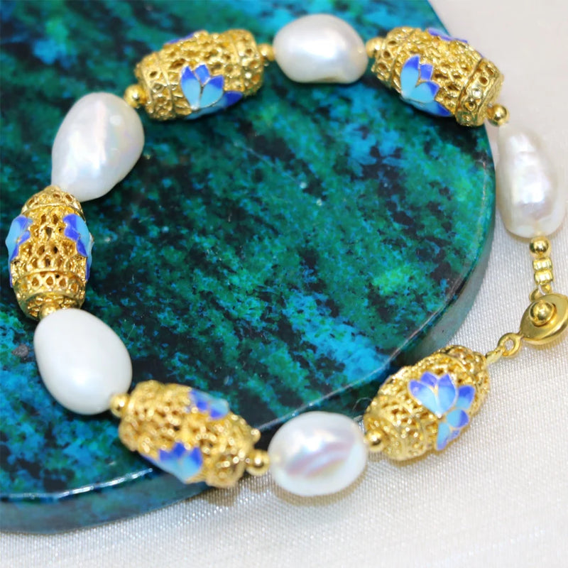 12-14mm Pearl Cloisonne Beads Bracelet for Women Jewelry 7.5inch