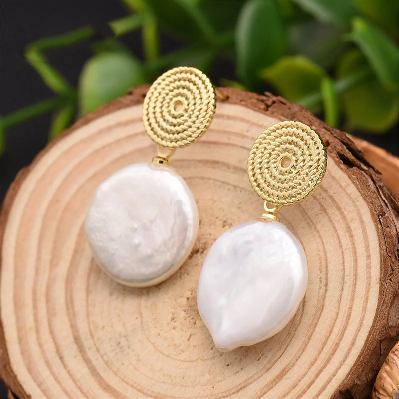 Baroque Coin Pearl Earrings 18k Ear Drop Hook Classic