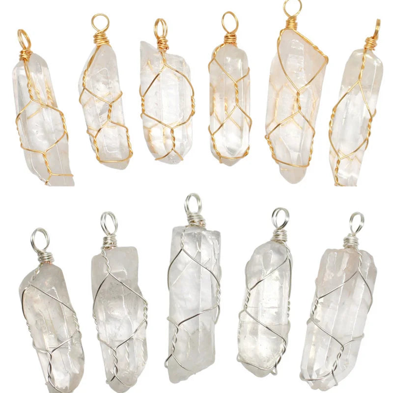 Natural Crystal Column Rough Stone Wire Wrap Pendant Necklace