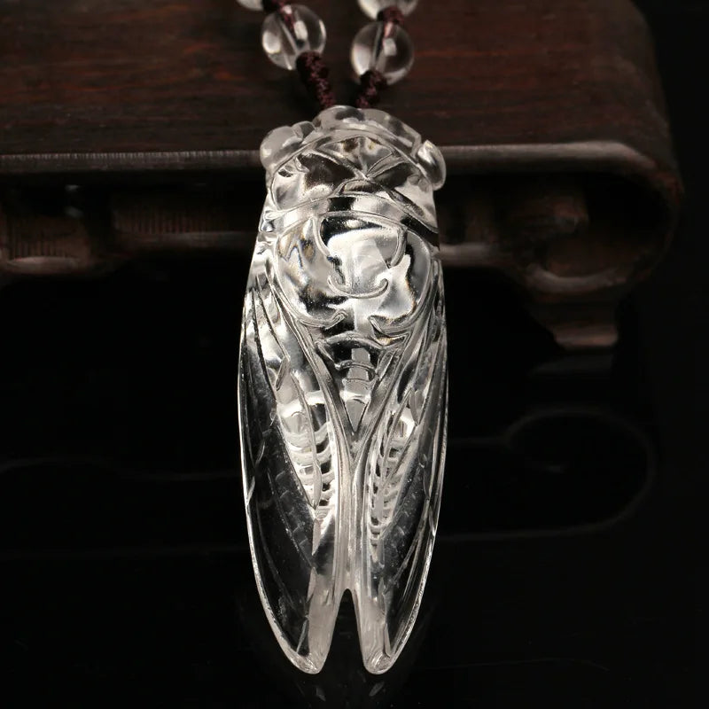 Natural Crystal Carved Cicada Jade Pendant Chalcedony Necklace