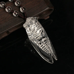 Natural Crystal Carved Cicada Jade Pendant Chalcedony Necklace