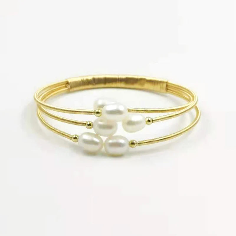 Natural Cultured Freshwater Pearl Bracelet Bangle Gold-color