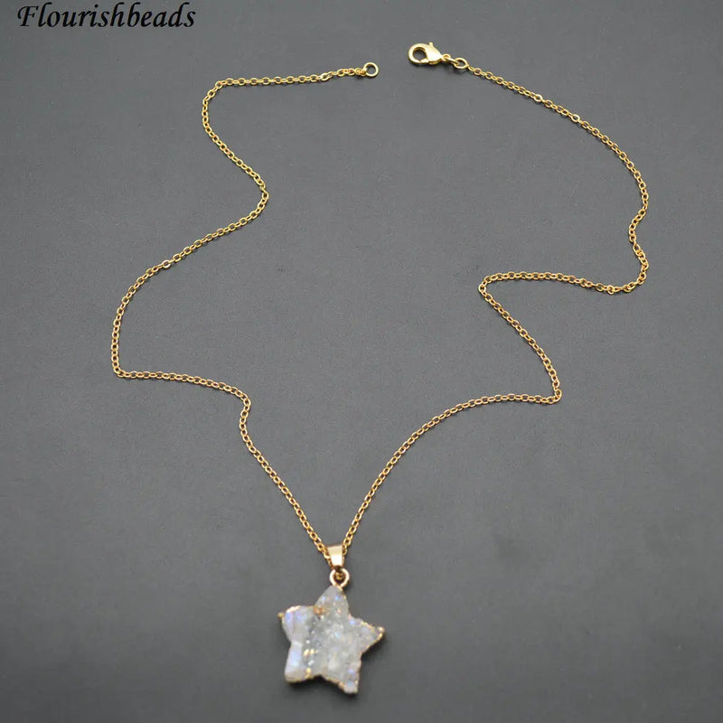 Druzy Agate Star Shape Pendant Necklace Woman Jewelry