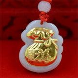 18K Solid Jadeite Fu Money Bag Pendant Necklace