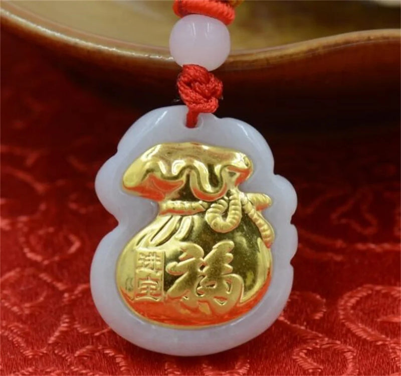 18K Solid Jadeite Fu Money Bag Pendant Necklace