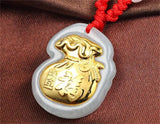 18K Solid Jadeite Fu Money Bag Pendant Necklace