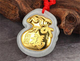 18K Solid Jadeite Fu Money Bag Pendant Necklace