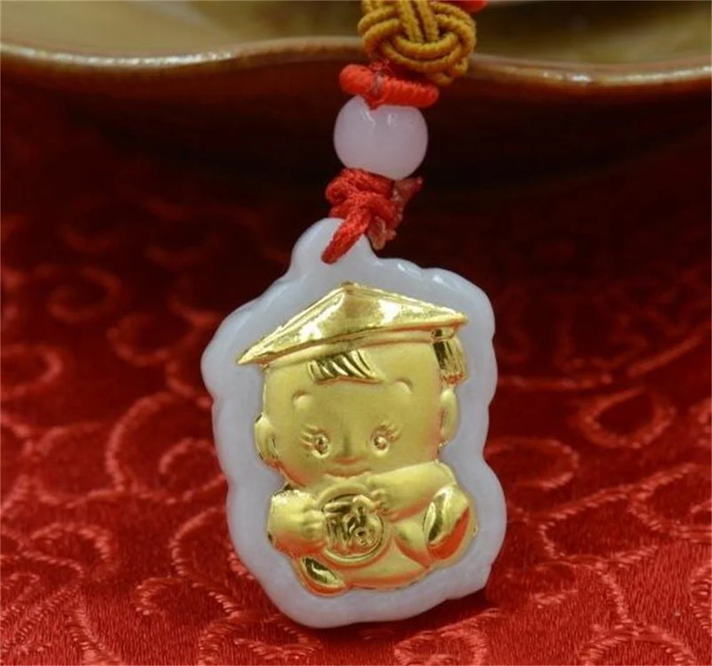 Natural A Jadeite 18K Lucky Baby Doctor Style Jade Pendant Amulet Necklace