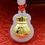 Natural A Jadeite Jade + 18K Chinese Fu Money Bag Pendant Necklace