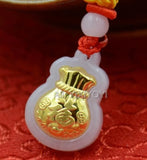 Natural A Jadeite Jade + 18K Chinese Fu Money Bag Pendant Necklace