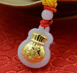 Natural A Jadeite Jade + 18K Chinese Fu Money Bag Pendant Necklace
