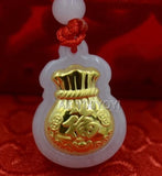 Natural A Jadeite Jade + 18K Chinese Fu Money Bag Pendant Necklace