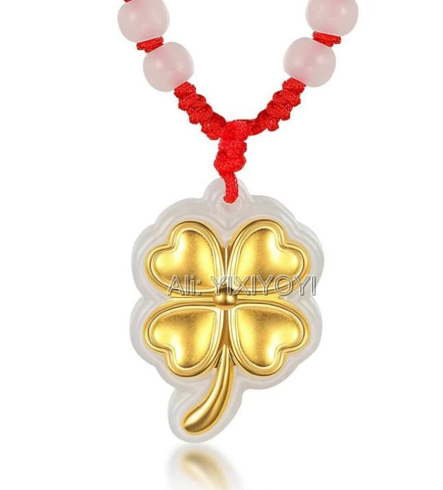 A Jadeite Jade + 18K Solid Chinese Heart Leaf Flower Lucky Pendant + Necklace