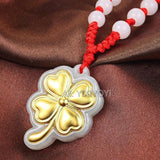 A Jadeite Jade + 18K Solid Chinese Heart Leaf Flower Lucky Pendant + Necklace