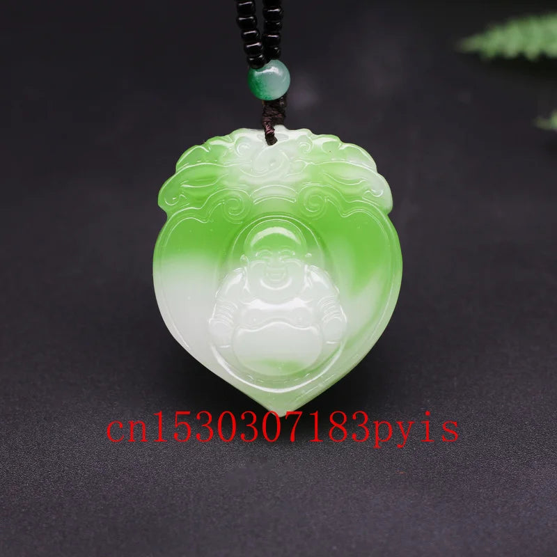 Green Jade Buddha Pendant Necklace Hand-Carved Jadeite Jewelry Amulet