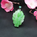 Green Jade Nine-Tailed Fox Pendant Necklace Hand-Carved Charm Jadeite Jewelry