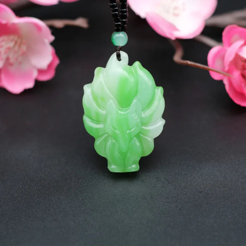 Green Jade Nine-Tailed Fox Pendant Necklace Hand-Carved Charm Jadeite Jewelry