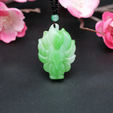 Green Jade Nine-Tailed Fox Pendant Necklace Hand-Carved Charm Jadeite Jewelry