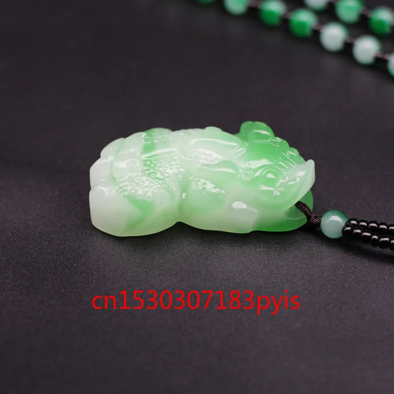 Green Jade Pixiu Pendant Necklace Hand-Carved Charm Jadeite Jewelry