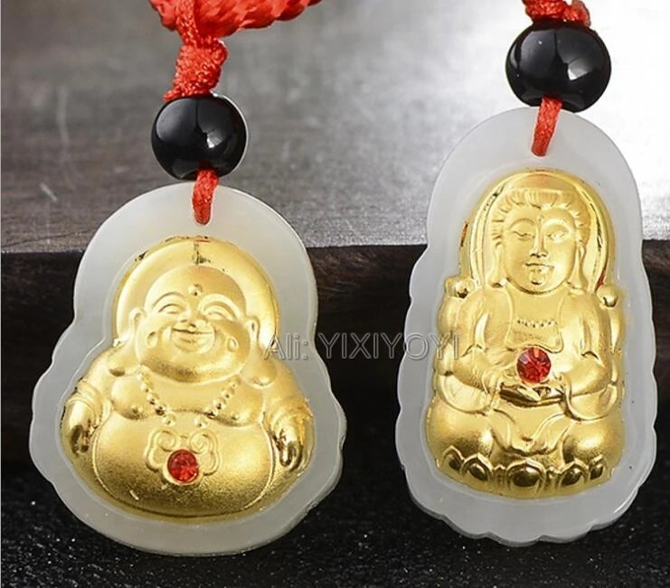 Natural HeTian Jade + 18K Buddha GuanYin Pendant Necklace Jewelry
