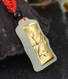 Natural HeTian Jade 18K Bamboo Lucky Amulet Pendant Necklace