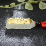 Natural HeTian Jade 18K Bamboo Lucky Amulet Pendant Necklace