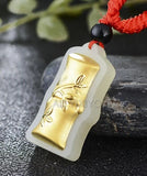 Natural HeTian Jade 18K Bamboo Lucky Amulet Pendant Necklace