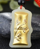 Natural HeTian Jade 18K Bamboo Lucky Amulet Pendant Necklace