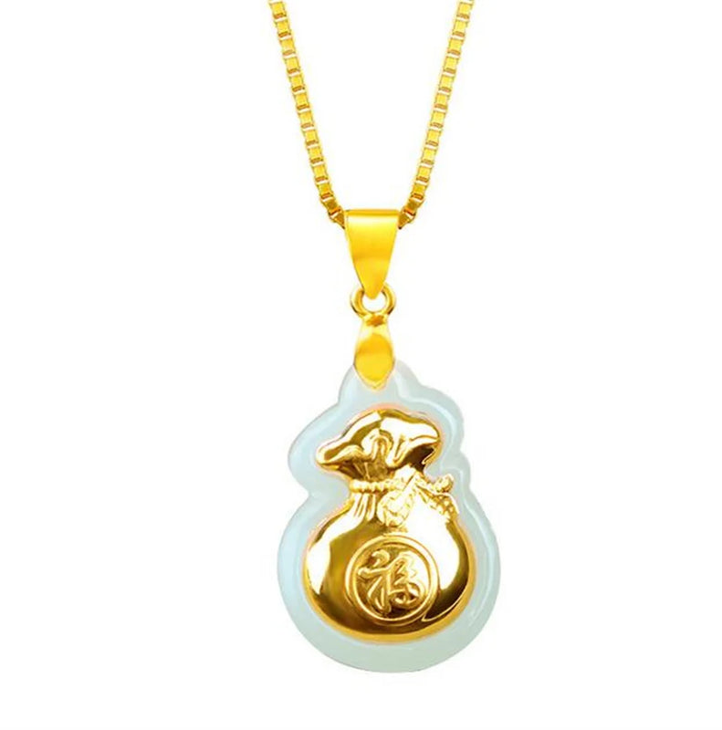 Hetian Jade 18K Gold Carved Money Bag Pendant Necklace