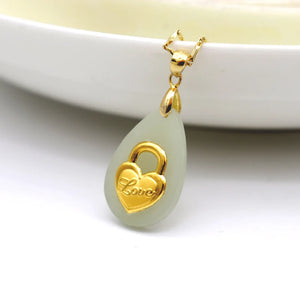 Hetian Jade Necklace 24k Heart Lock Pendant Jewelry with Box Bag