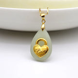 Hetian Jade Necklace 24k Heart Lock Pendant Jewelry with Box Bag
