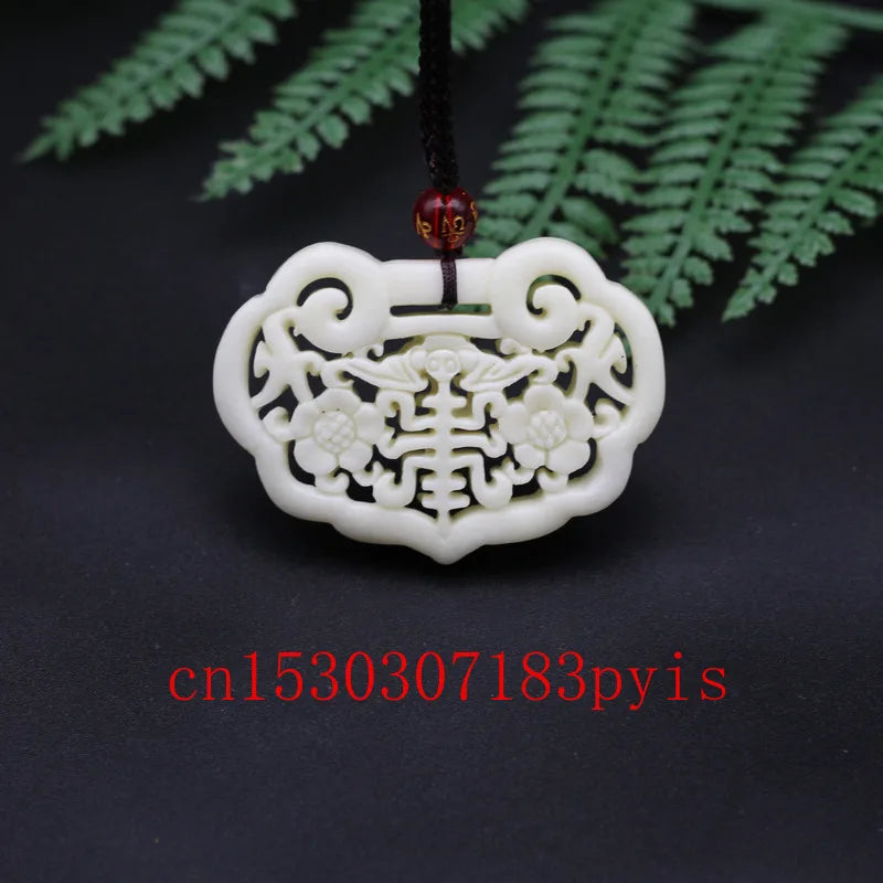 Jade Bat Flower Pendant Necklace Double-sided Hollow Out Carved Charm Jewelry