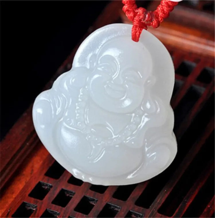 Natural Jade Big belly Buddha Pendant Necklace Hand-Carved Luck Amulet